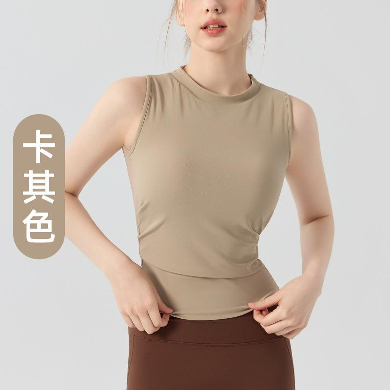 Half-turtleneck mesh vest for women, summer breathable lace-up slim-fitting sexy sleeveless yoga gym top T-shirt for women S хаки