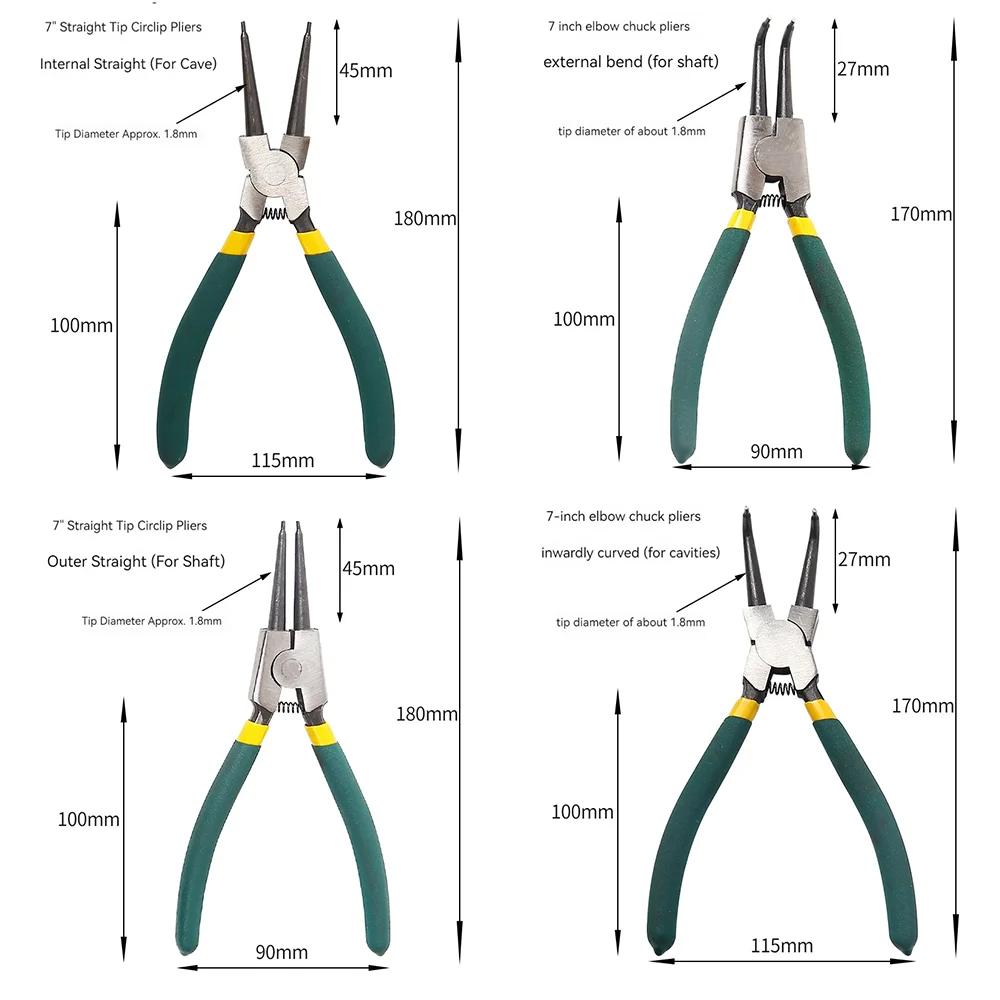 4Pcs Circlip Plier Set 7'' Long Nose Plier Staight Bent Plier Inner Outer Staight Bent Plier Retaining Snap Ring Remover Tool
