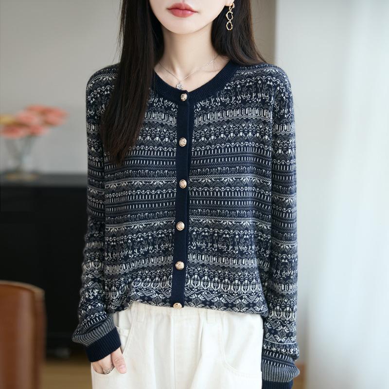 

Топ с контрастным жаккардовым дизайном и круглым вырезом, вязаный кардиган в этническом стиле в полоску, элегантный свитер с длинным рукавом XL темно-синий