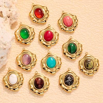 Colorful Natural Stone Irregular Flower and Oval Stainless Steel Pendant Necklace and Earrings Set