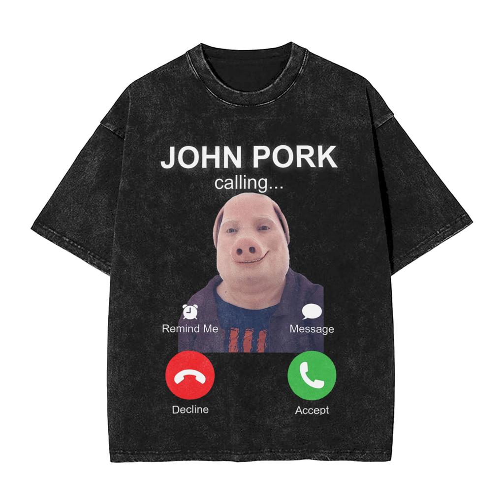 Vintage Washed Tshirt John Pork Holding Niche Ai Baby Funny Halloween Motion Meme Cotton Tshirts Trending Tshirt For Man