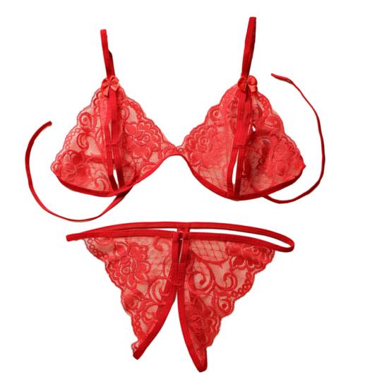 Set Sexy Transparent Sutiene și Chiloți Dantelă Florală Plasă Babydoll Set Lenjerie Intimă 2 Piese Sutiene Triunghiulare Transparente G-String Tangă cu Bretele pentru Femei