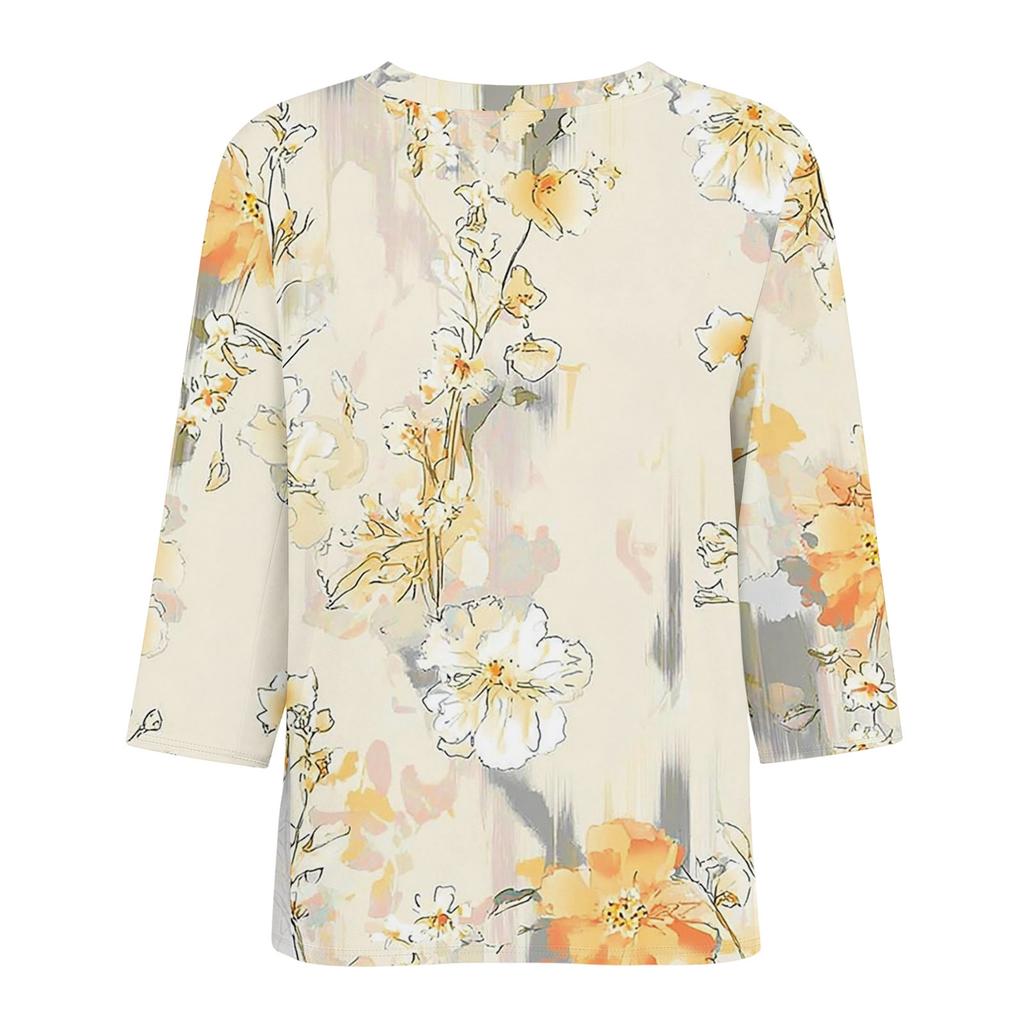 Women’s V Neck 3/4 Sleeve Blouse with Large Floral Print Relaxed Fit Lightweight Casual Top for Daily Wear