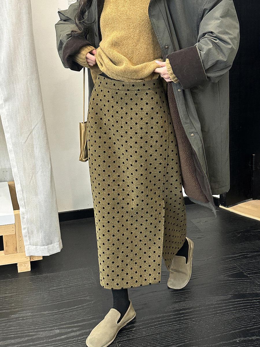 Ши Цзянь Ретро Юбка Миди в Горошек с Разрезом - Элегантная Зимняя Текстура 72697 Small