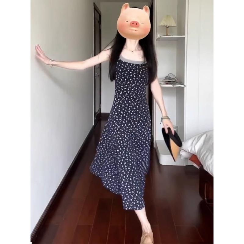 Fake two-piece contrasting floral suspender skirt women's summer design sense slim A-shaped skirt big swing dress