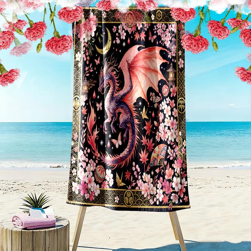 Vintage Floral Dragon Print Strandtuch, Großes Weiches Schnelltrocknendes Handtuch für Strand Camping Schwimmen