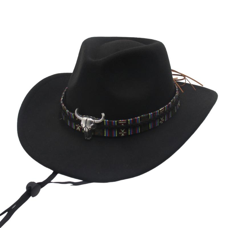Metal Bull Head Tibetan Ethnic Style Top Hat Windbreak Rope Western Cowboy Jazz Top Hat European And American Felt Hat