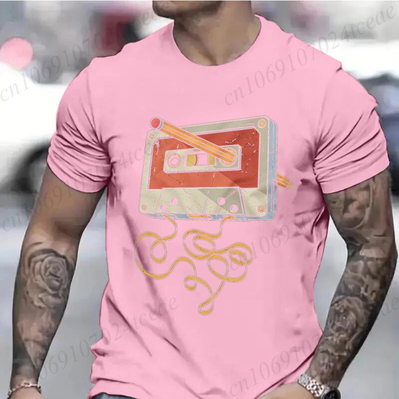 Men's Vintage Cassette Tape with Pencil T-shirt Shirts for Guys Funny Graphic Tees Birthday Clothes Fashion Casual Men's Tees