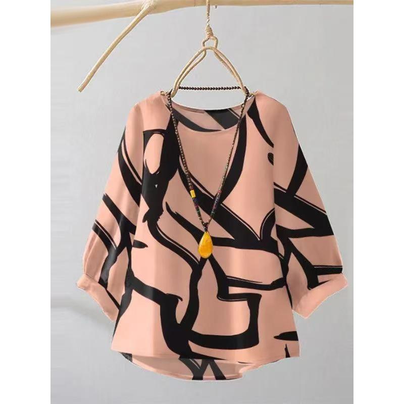 Women's Fashion Casual Summer Spring Colour Block Print 3/4 Sleeves O-Neck Blouses & Shirts