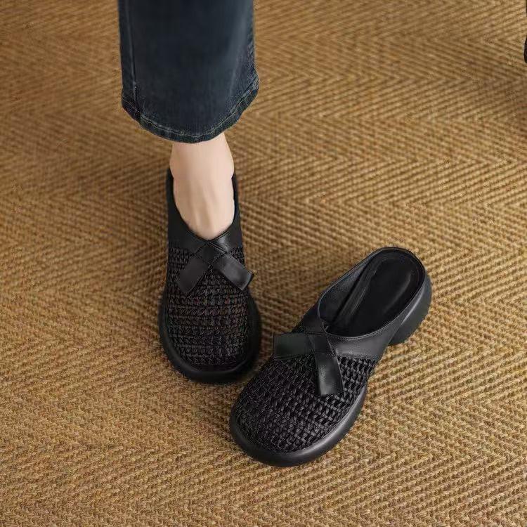 2025 summer new woven hollow thick-soled bag head rear empty slippers wear high-heeled muller shoes fashion shoes women's slippers