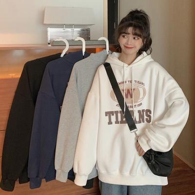 Padded Hooded Sweatshirt Women Autumn and Winter Loose Letter Printed Student Jacket Tops Fashion Retro Versatile Sweatshirt