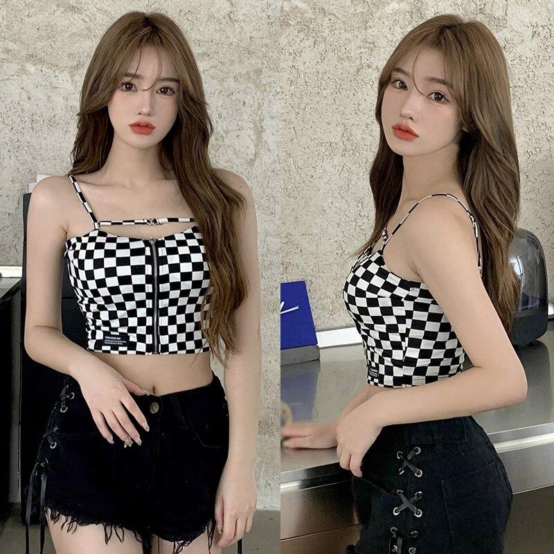 Women Korean Checkered Zipper Sexy Slim Camisole Short Top
