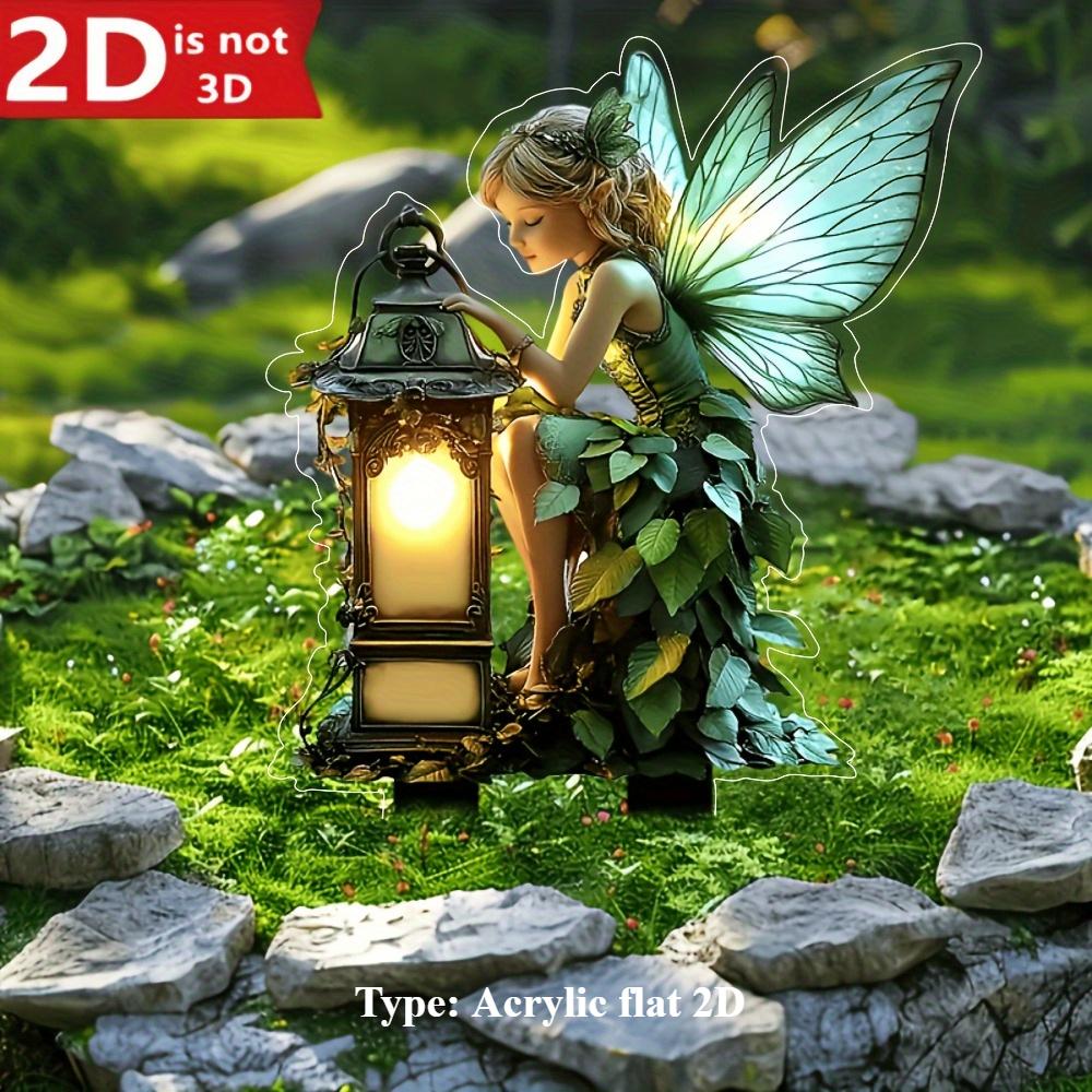 2D Flat, Angel Fairy Garden Plug - 2D Flat Decoration with Lanterns and Green Plants, 3mm Thick Decoration, Suitable for Flower Pots, Lawns, Gardens
