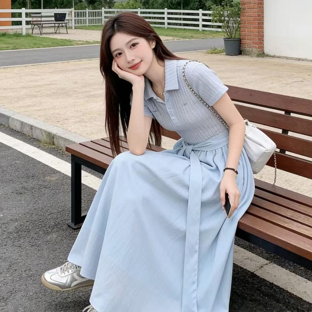 Blue Polo Collar Short-sleeved Dress Children's Summer 2026 New Sweet and Big-looking College Style Waist Pinch Dress