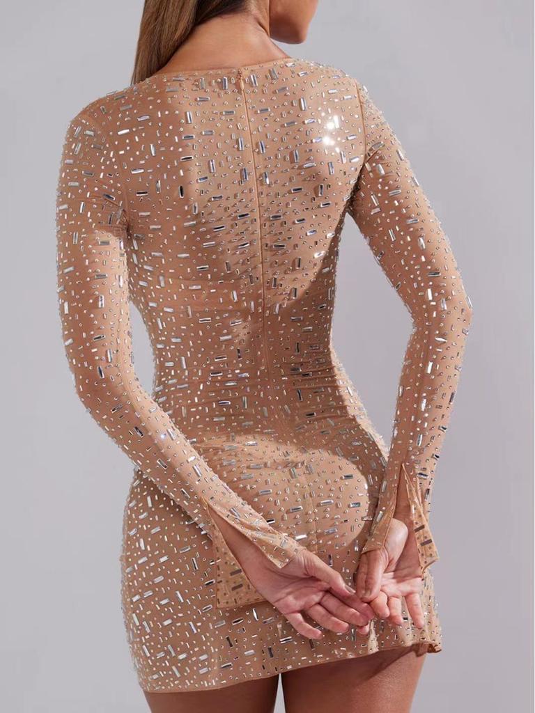 Ohpolly Luxurious Nude Rhinestone Sequin Mini Evening Dress
