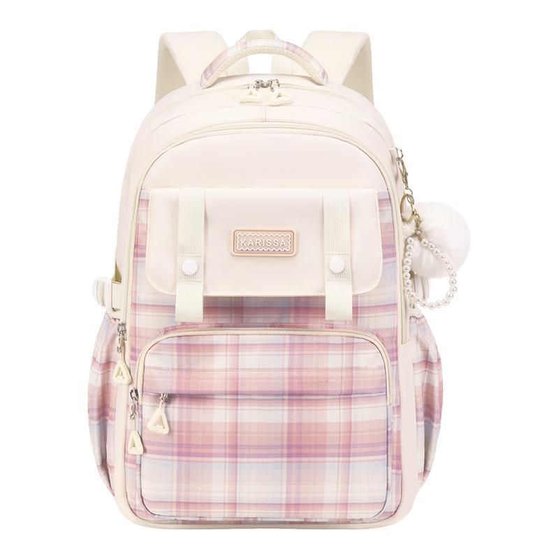 Cute Plaid School Backpack for Girls Primary Middle School Bags Lightweight Waterproof Backpack Large-Capacity Student Backpack