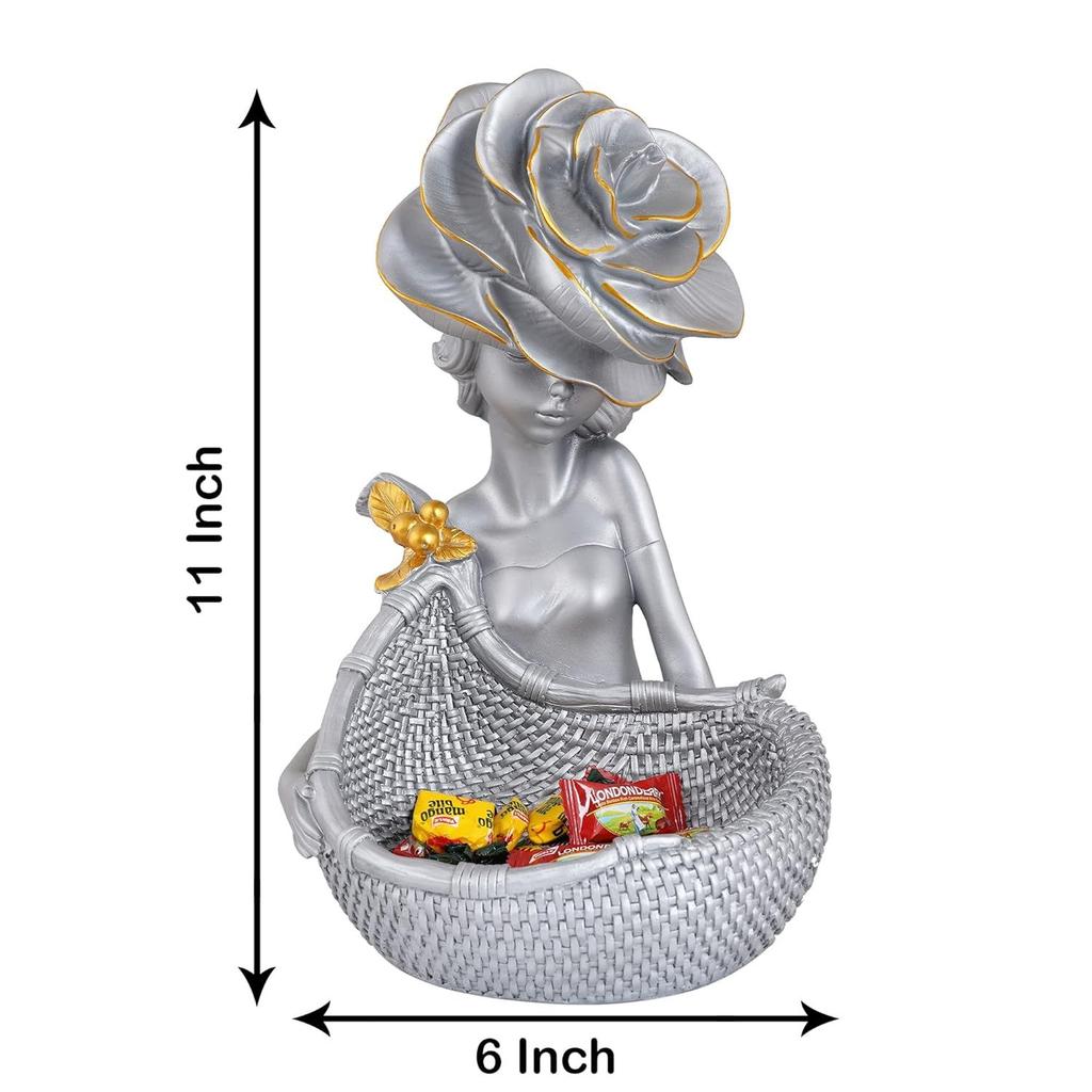 Lady with Basket Showpiece for Home Decor Showpiece & Office Decor Showpiece (11.5" Inch Size, Silver)