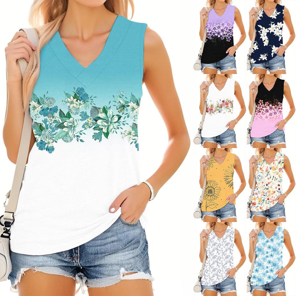Dámský módní ležérní letní top bez rukávů s výstřihem do V a květinovým potiskem
