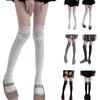 Women Japanese Student Ribbed Knit Stretch Over Knee Long Socks Elegant Lace Splicing Ribbon Bows Thigh High Stockings