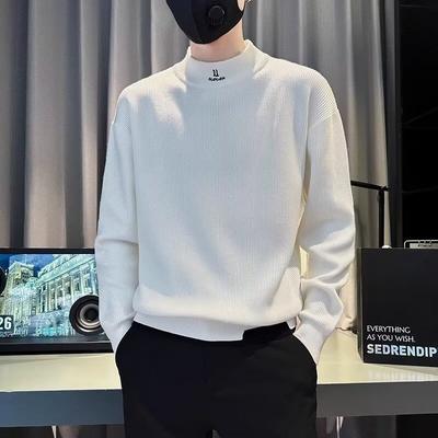Herbst und Winter Herren Falsche Zweiteilige Strickwaren Halber Rollkragenpullover Lose Jugendmode Pullover Kontrastfarbe Minimalistischer Warmer Pullover