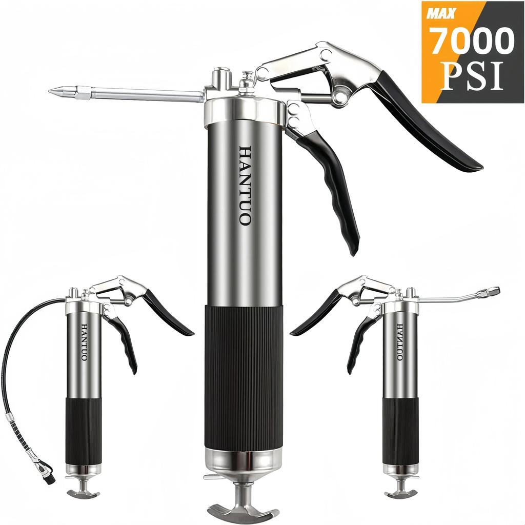 7000 PSI Grease Gun with Pistol Grip 14oz Load 18Inch Spring Flex Hose 2Couplers 2Extension Rigid Pipes Sharp Nozzle for Mainten