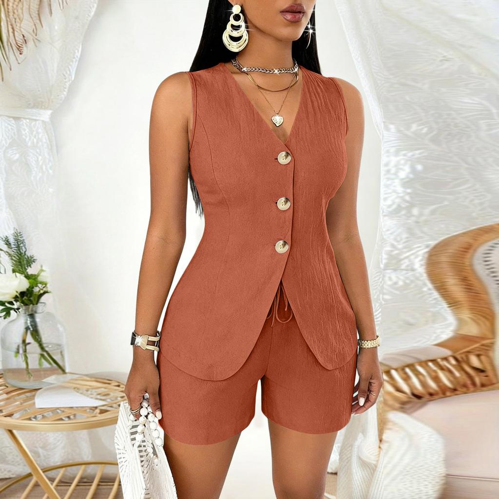Women's Fashion Casual Summer Open Chest Tie Sleeveless Shirt -Quarter Pants Suit