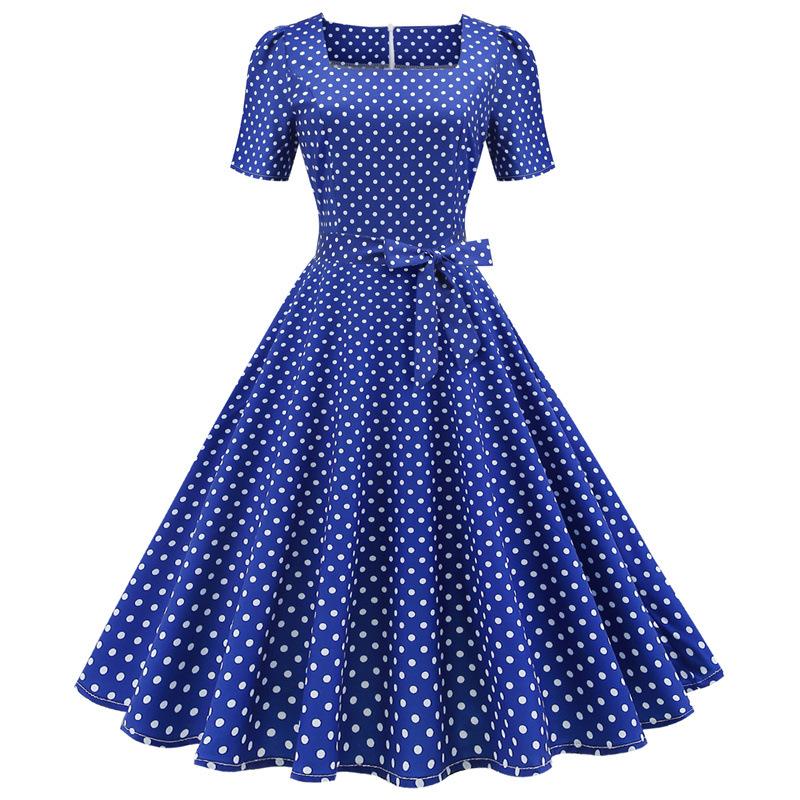 Women s Fashion Casual Retro Polka Dot Short-Sleeved Square-Neck Dress Summer L