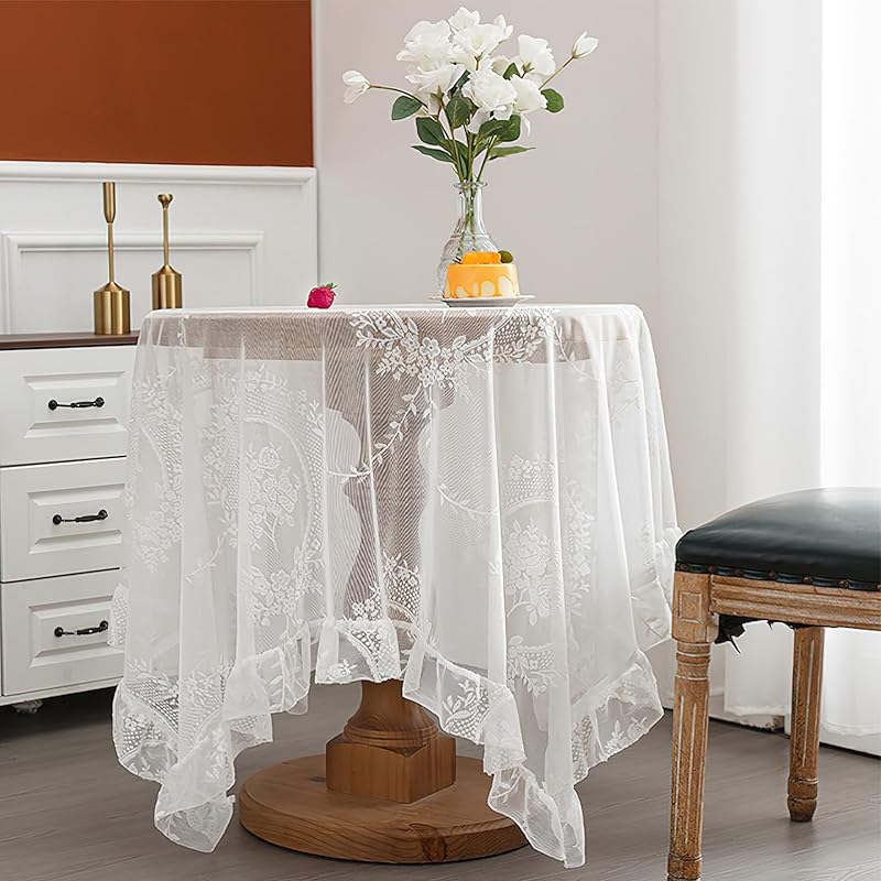 White Lace Square Tablecloth with Flowers, Chic Elegant Overlay Ruffles Table Cloth, French Vintage Embroidered Table Cover Table Protector for