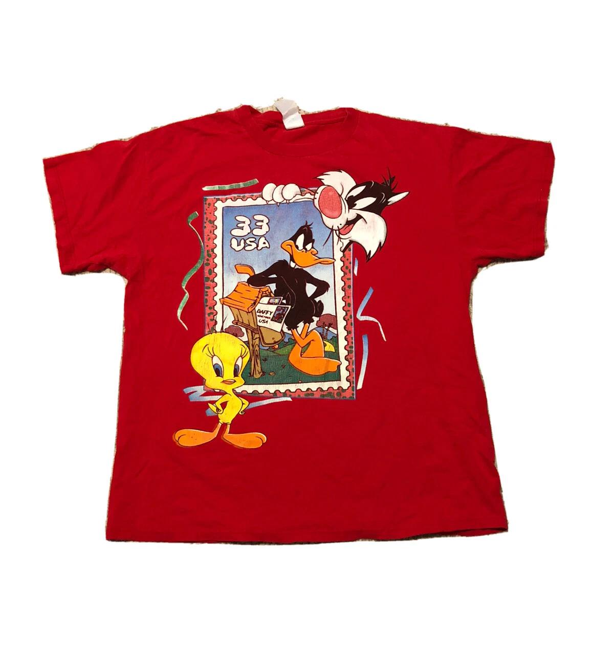 vintage looney tunes t shirt 90s men xl red sylvester daffy duck tweety L