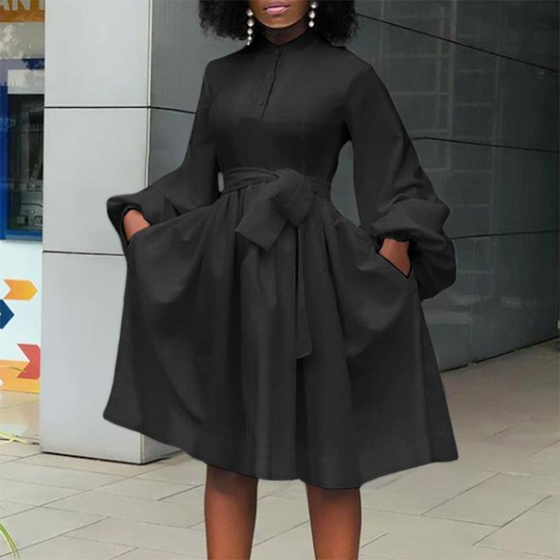 

VONDA Женские модные платья больших размеров с однотонным воротником-стойкой и карманами с длинным рукавом 5XL