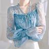 French Ruffled Blue Floral Chiffon Blouse Women's Spring Unique Super Cute Tie-Up Small Top