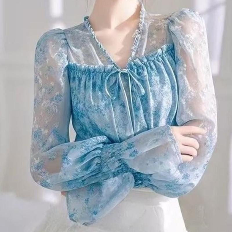 French Ruffled Blue Floral Chiffon Blouse Women's Spring Unique Super Cute Tie-Up Small Top