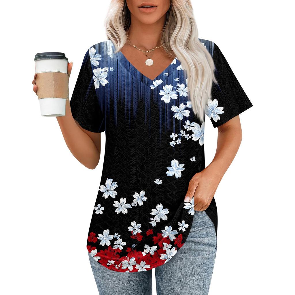 Womens T Shirts V Neck Short Sleeve Casual Tops Loose Fit Basic Tees With Curved Hem