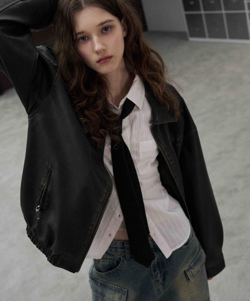 Leathery Washed Leather Oversized Blouson Jacket [Washed Black]