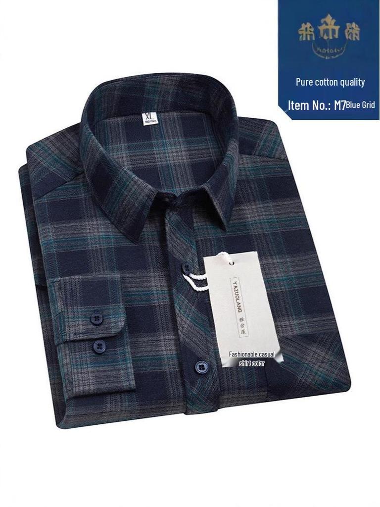 Men's Loose-Fit Plaid Cotton Shirt - Spring/Autumn Breathable, Iron-Free, Mid-Age Casual Wear