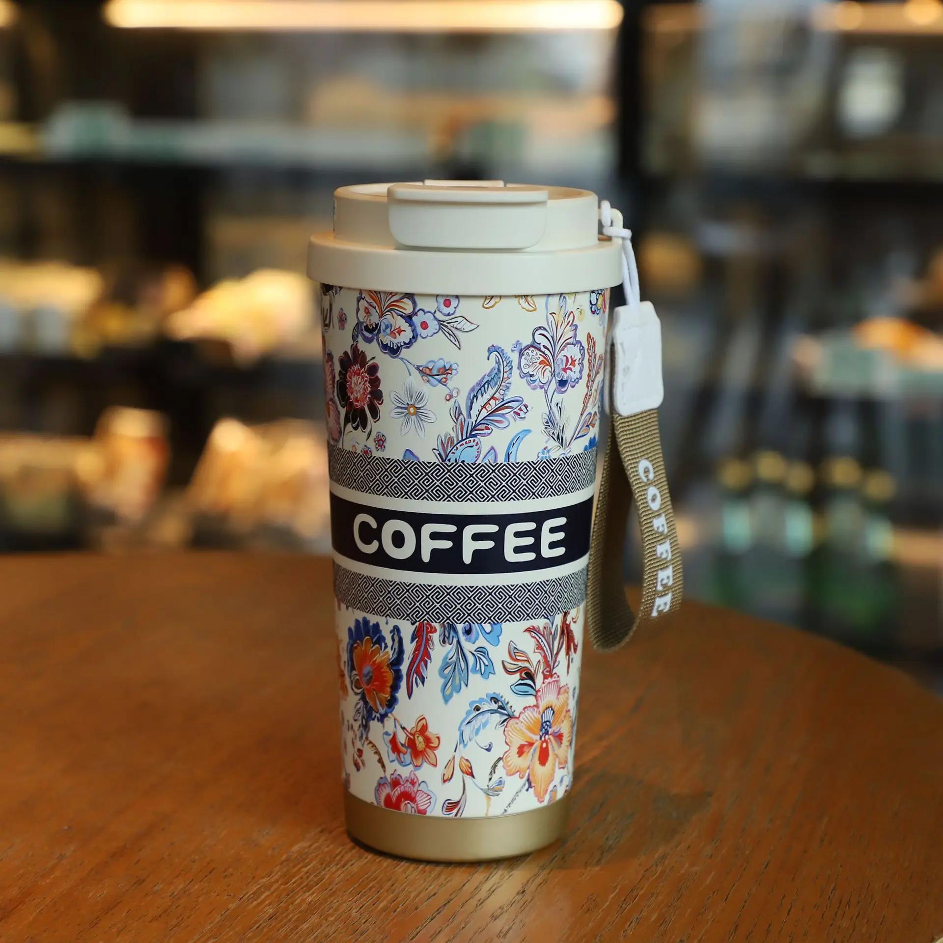 

500ML Double Drink Straw Cup Fashion Lily of The Valley Portable Coffee Cup Stainless Steel Vacuum Thermos Cup Gift Water Bottle 500ml