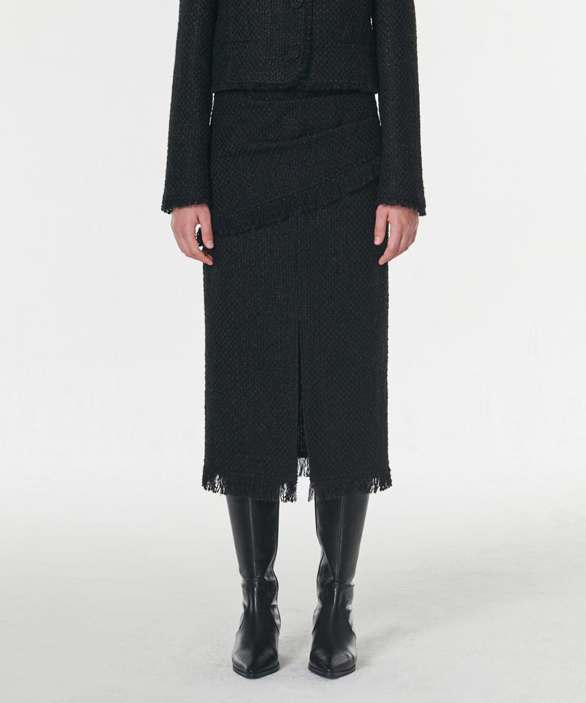 Aussel Fringed Wool Tweed Skirt Black