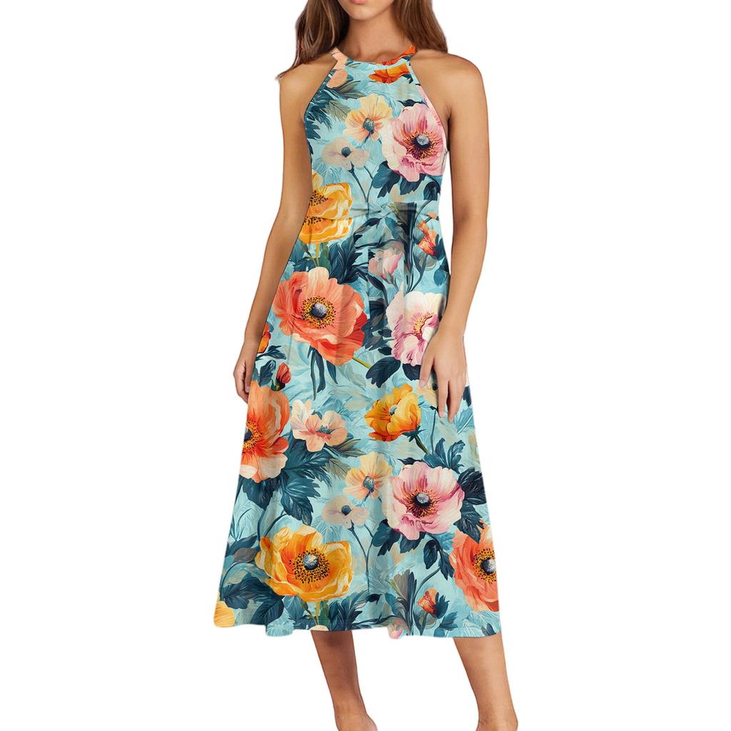 Women's Casual  Round Neck Midi Dress Basic Classic Outdoor Everyday Sleeveless Loose Boho Tie Dress  Summer Beach Sundress