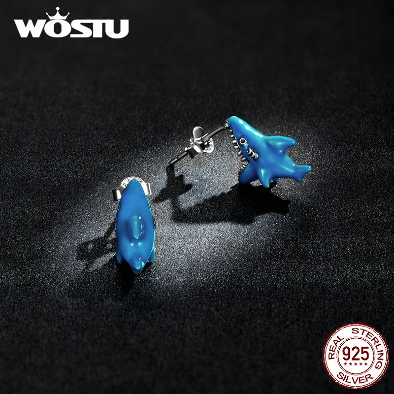 WOSTU 2021 925 Sterling Silver Funny Blue Animal Shark Stud Earrings For Women Fashion Jewelry Gift CTE563