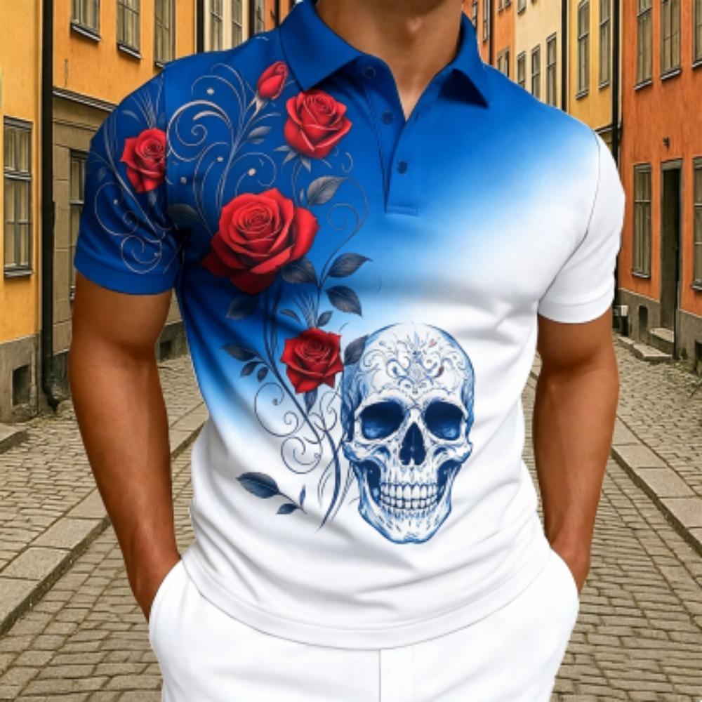 Men's Red Rose Floral Skull Print Polo Shirt Men's Outdoor Street Short Sleeve Tees Top Summer Home Casual T-shirt Men's and Women's Polo Shirt