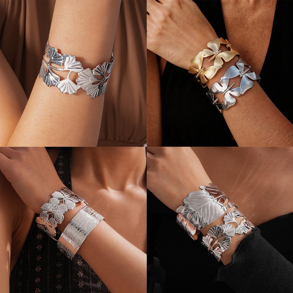 Vintage Ginkgo Leaf Butterfly Open Cuff Bangle Gold Silver Wide Statement Bracelet For Women Boho Party Jewelry