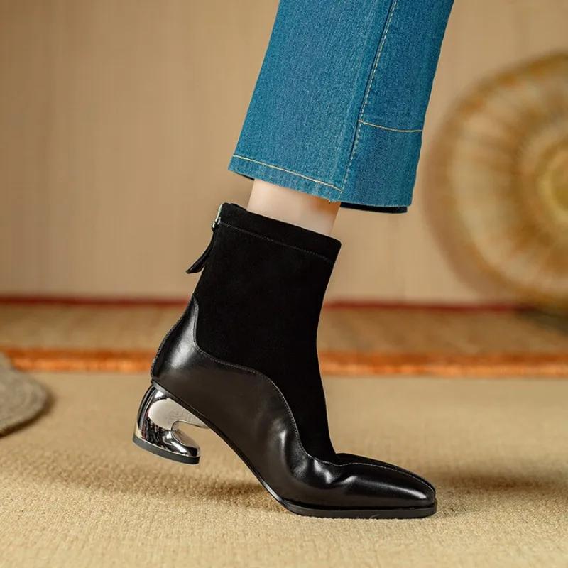 New 5.5cm Irregular Curved Heel Sheep Suede Short Boots  Autumn/Winter Fashion Short Plush  Warm Black Brown Ankle Boots Size 40