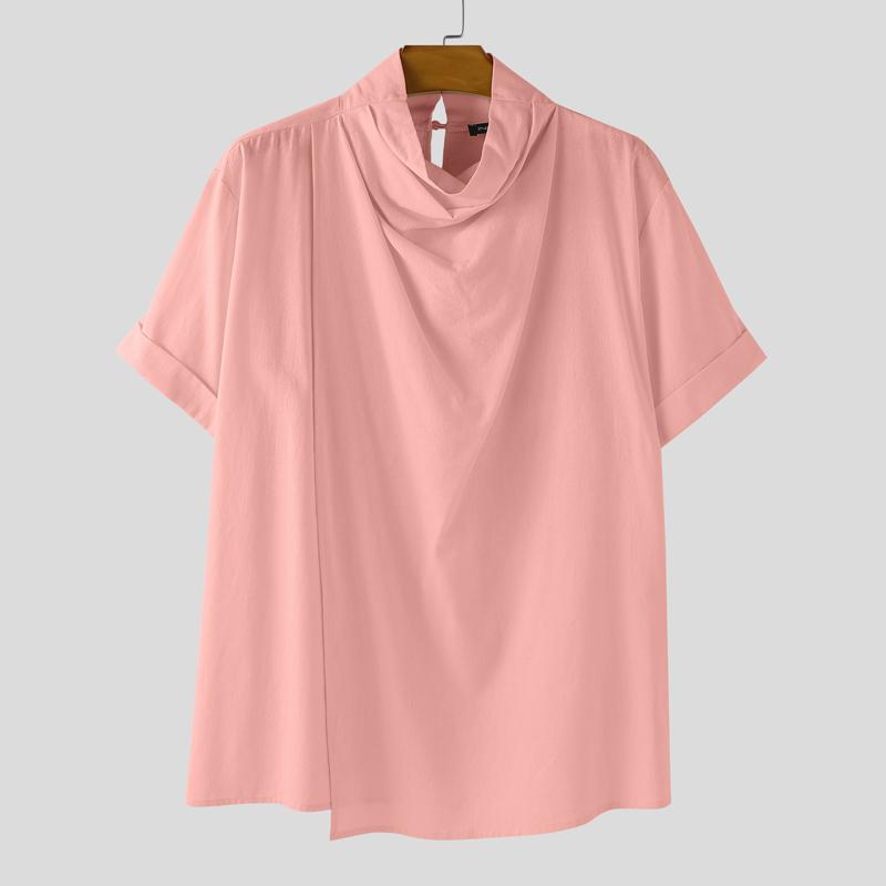 

INCERUN Men High Swing Collar Short Sleeve Cotton Casual T-shirts Tops 5XL розовый
