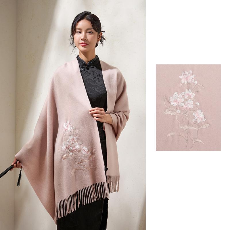 

100% Wool Scarves Women Winter Large Shawl Wraps Beige Pashmina Warm Chinese Suzhou Embroidery Red Neck Scarf Echarpe Femme 200X70cm