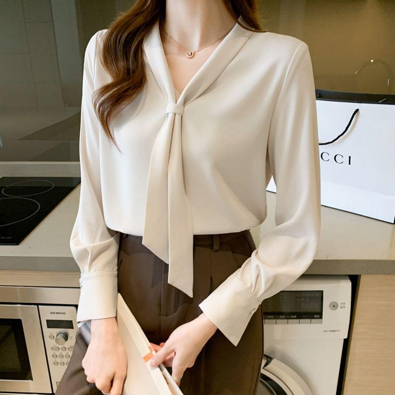 

V-neck Satin Business Wear Ribbon Beige Chiffon Shirt Apricot S
