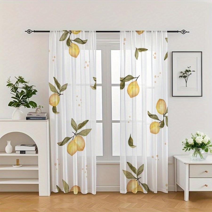 2PCS Digital Printed Sheer Curtain, Fresh Lemon Citrus Print, Bright Summer Zesty Fruit for Living Room Bedroom Home Decor