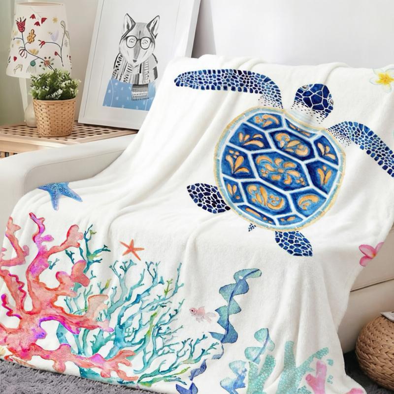 White Background Watercolor Turtle Coral Starfish Fleece Blanket For Coastal Bedroom Decor Lightweight Plush Throw Blanket Cover