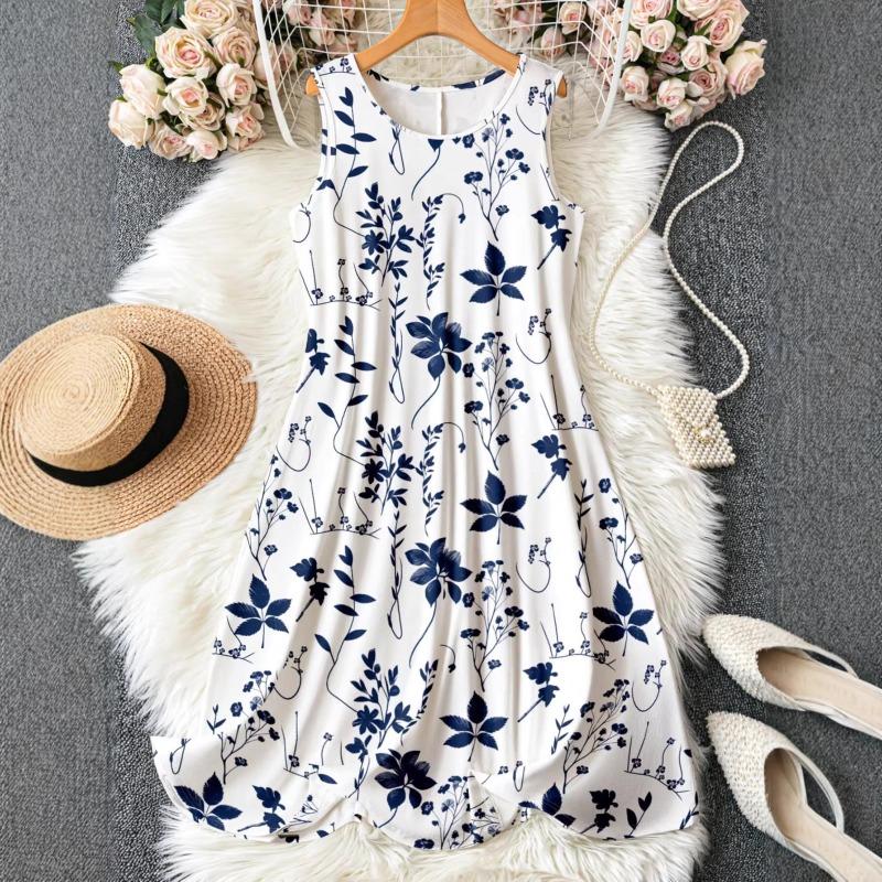 Women's Summer Sleeveless Mid Dress Crew Neck Sleeveless Printed Beach Dress