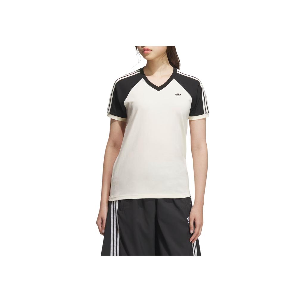 Adidas Originals Color Block V-Neck Short Sleeve Raglan T-Shirt Women Tops Off-White Black KF0316