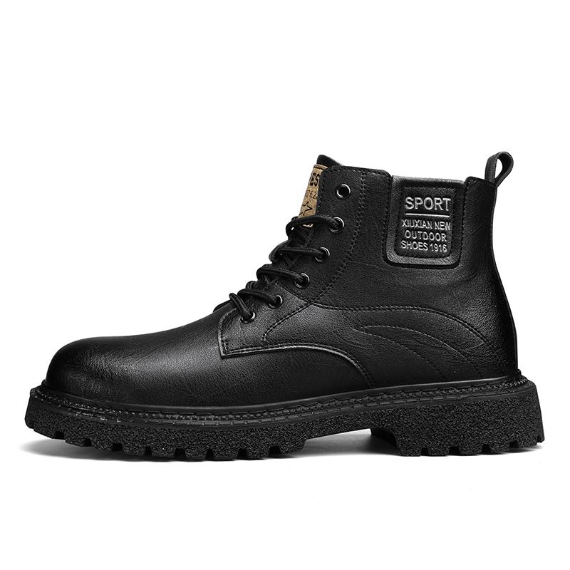 Black Genuine Leather Men's Boots Four Season Fashion New Casual High Top Boots Casual Anti Slip Thick Sole Height Increasing